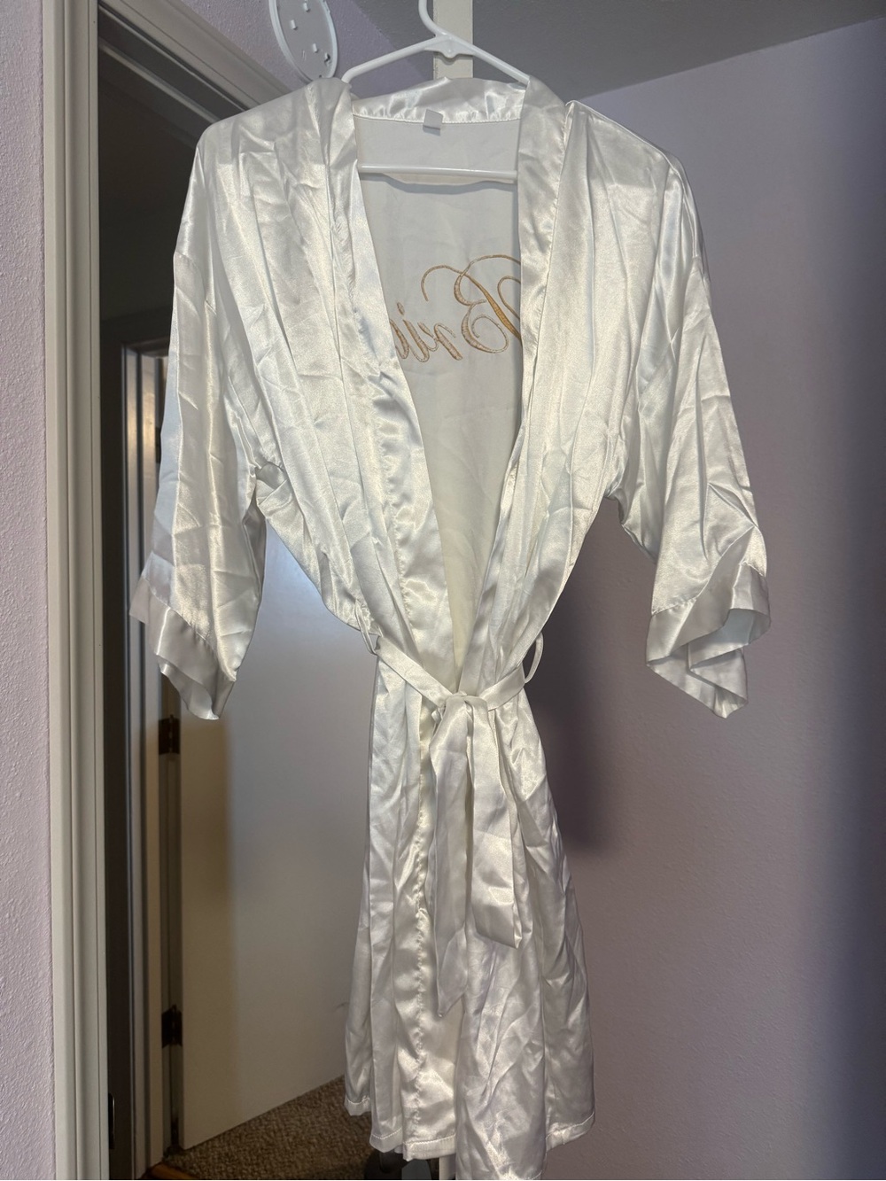White Satin Bride Robe with Gold Script - Picture 2 of 2